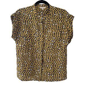 CAbi 100% Silk Gray and Yellow Polka Dot Button Blouse Women's XS EUC‎